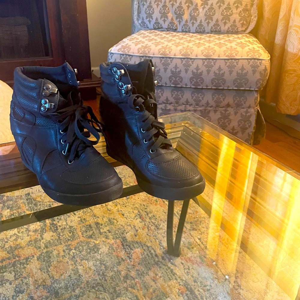 Black Leather Wedge Sneakers